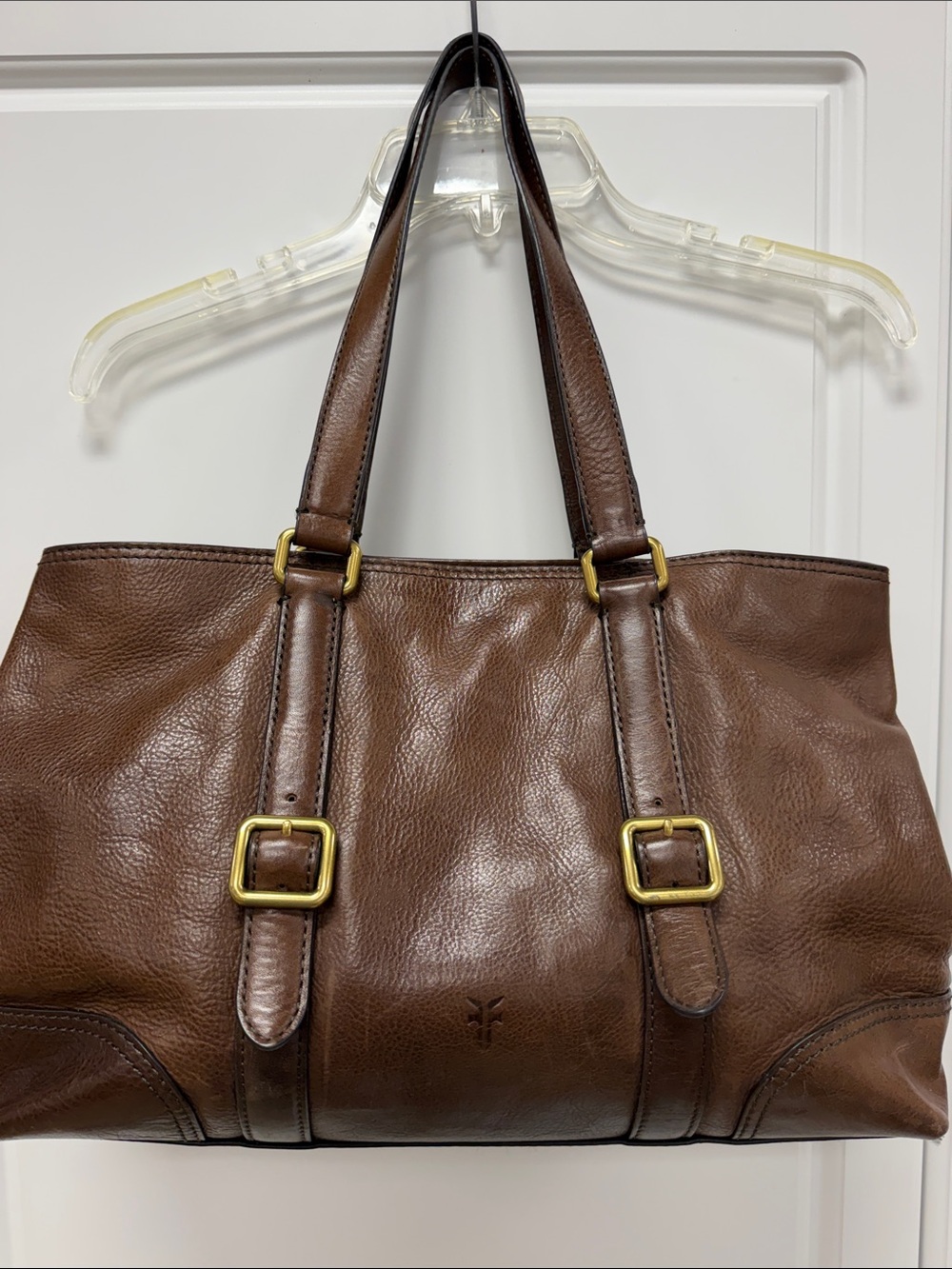 Frye Claude Brown Leather Shoulder Tote Bag with Buckle Straps DB270